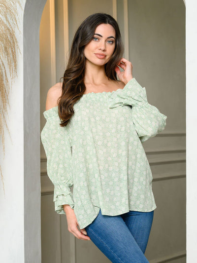 WOMEN'S LONG PUFF SLEEVE OFF SHOULDER FLORAL TUNIC TOP