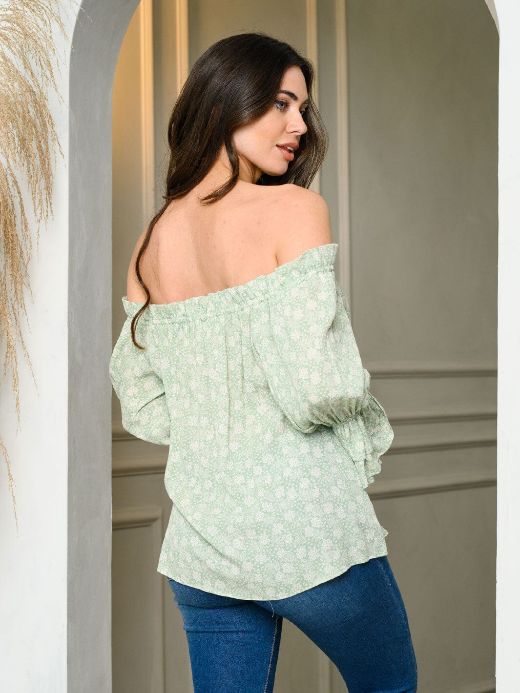 WOMEN'S LONG PUFF SLEEVE OFF SHOULDER FLORAL TUNIC TOP