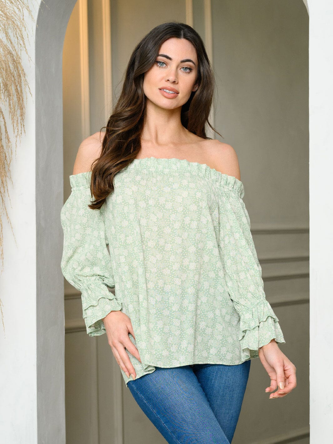 WOMEN'S LONG PUFF SLEEVE OFF SHOULDER FLORAL TUNIC TOP