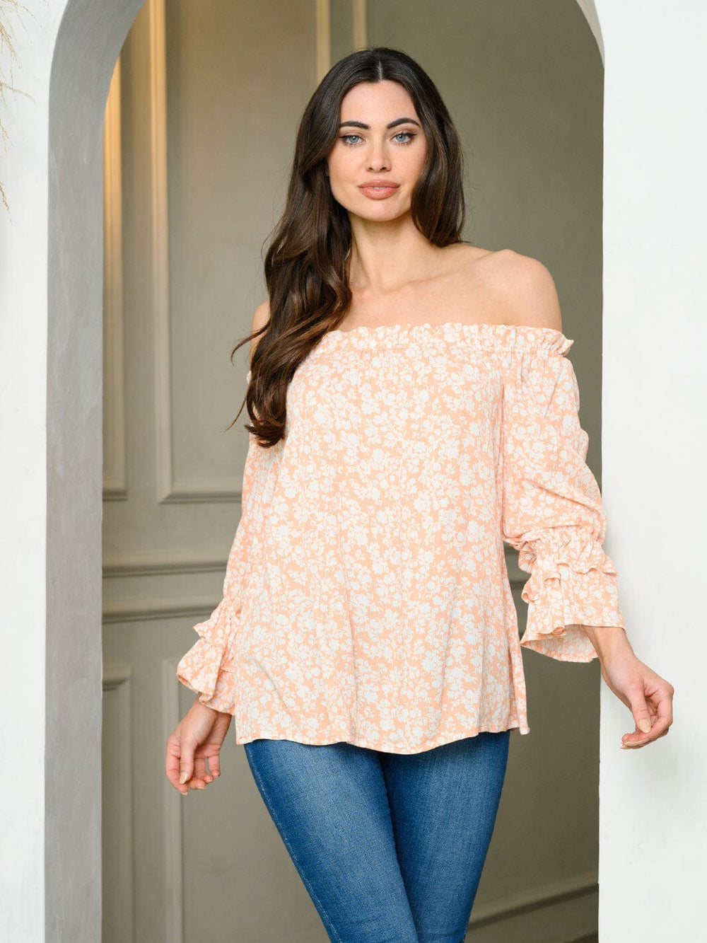 WOMEN'S LONG PUFF SLEEVE OFF SHOULDER FLORAL TUNIC TOP