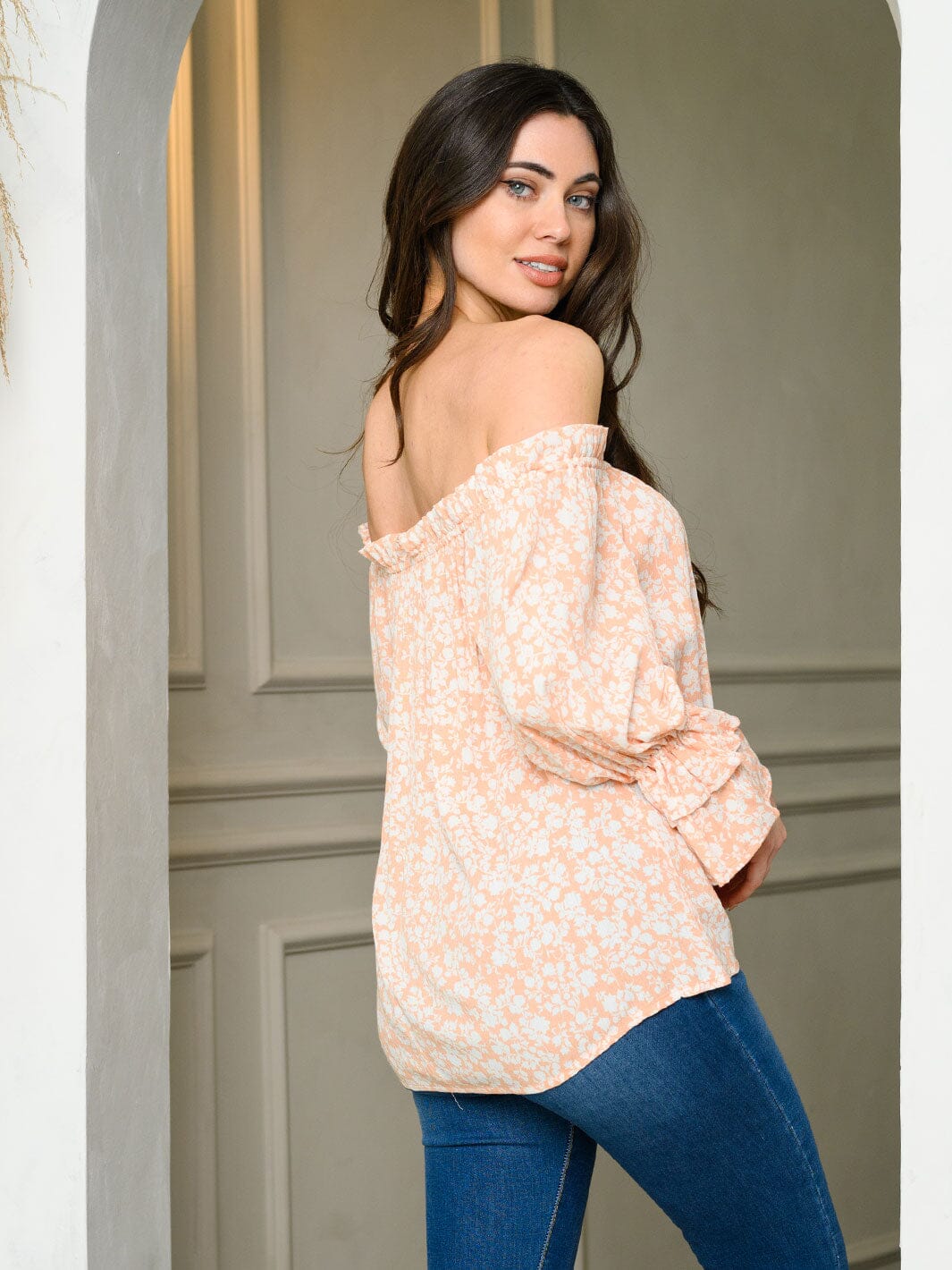 WOMEN'S LONG PUFF SLEEVE OFF SHOULDER FLORAL TUNIC TOP