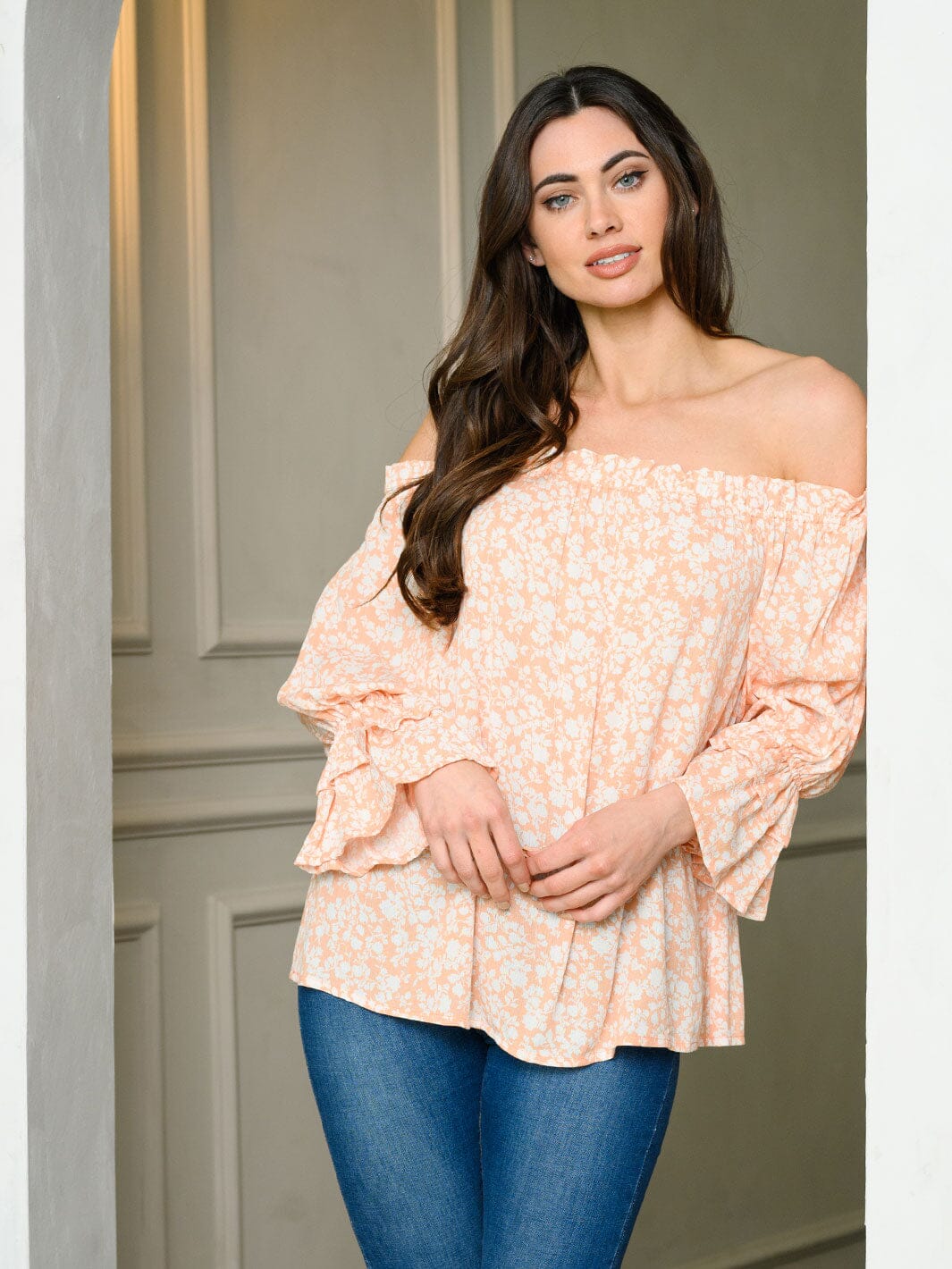 WOMEN'S LONG PUFF SLEEVE OFF SHOULDER FLORAL TUNIC TOP