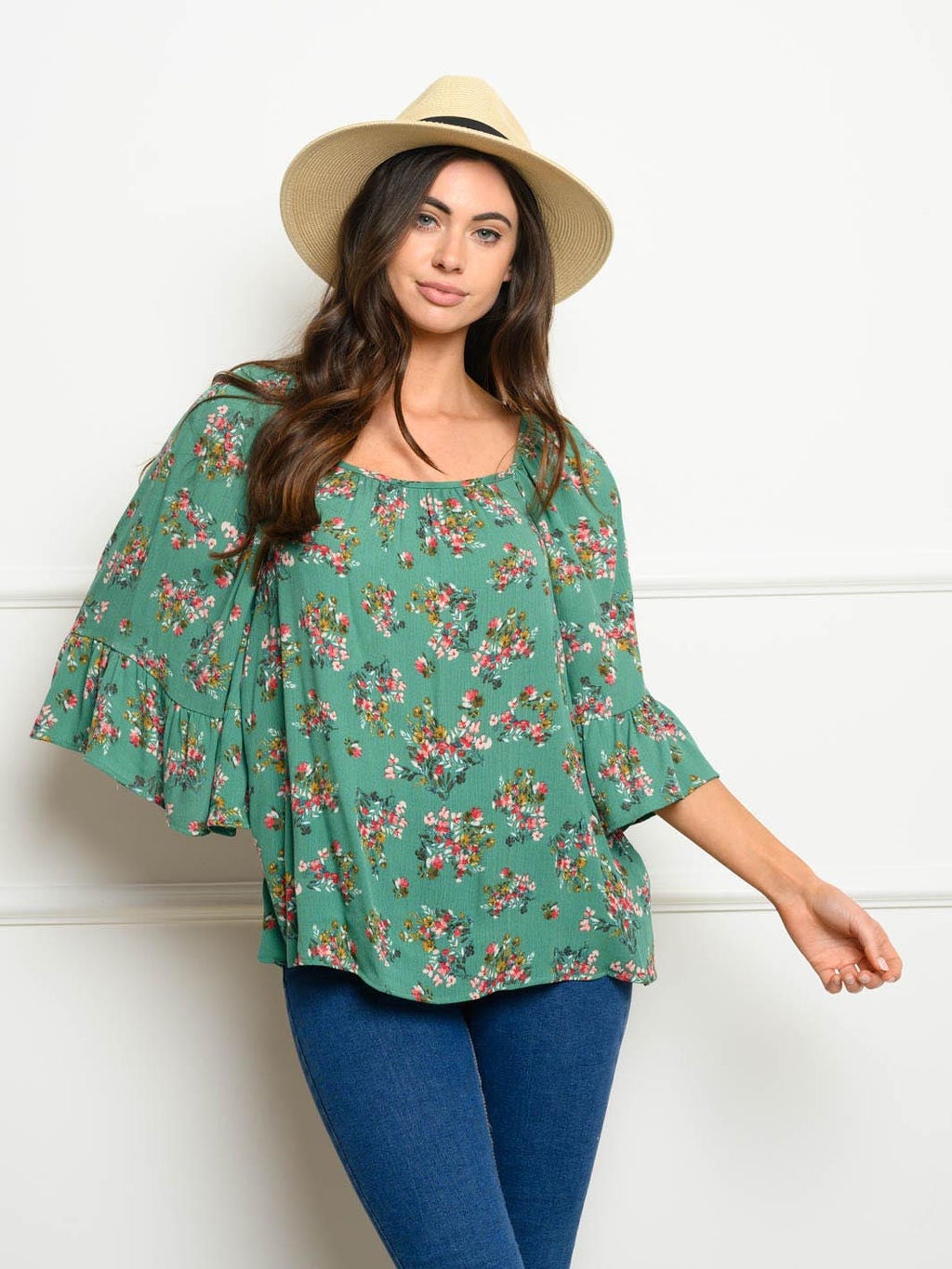 WOMEN'S 3/4 BELL SLEEVES FLORAL TUNIC TOP