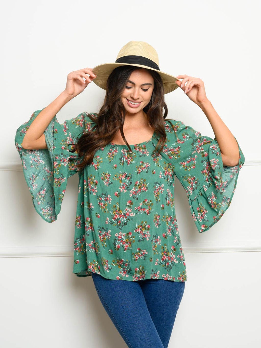 WOMEN'S 3/4 BELL SLEEVES FLORAL TUNIC TOP