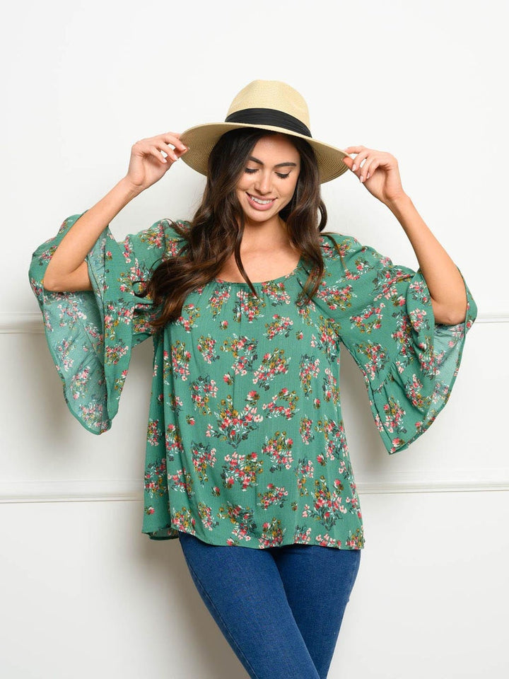 WOMEN'S 3/4 BELL SLEEVES FLORAL TUNIC TOP