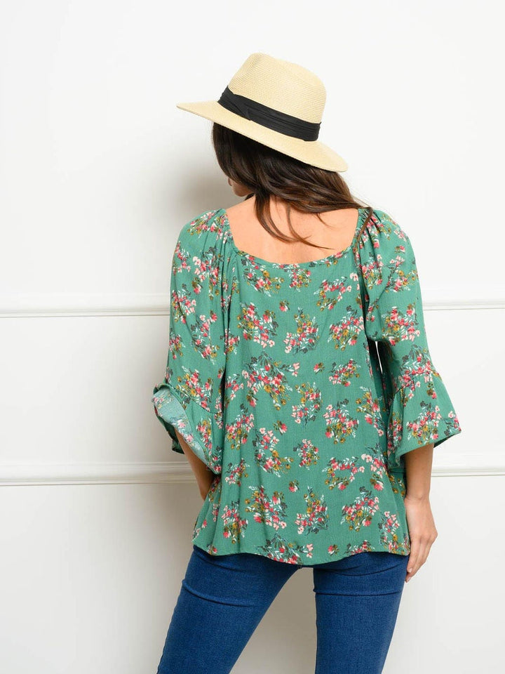 WOMEN'S 3/4 BELL SLEEVES FLORAL TUNIC TOP