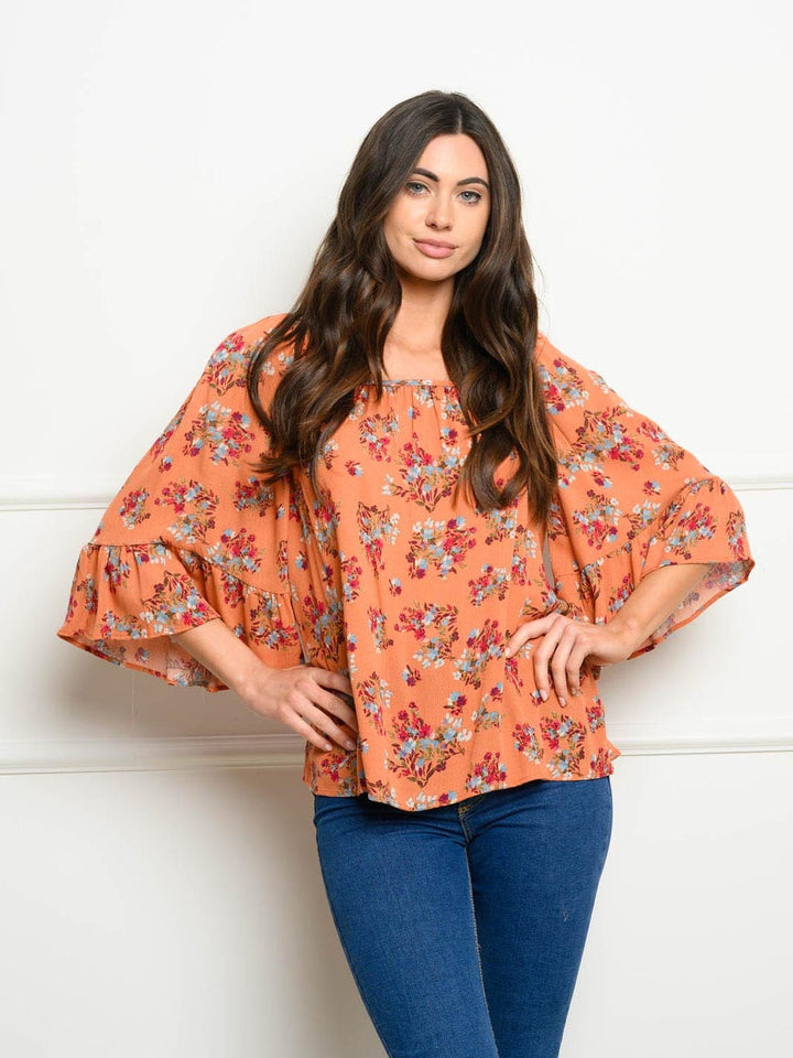 WOMEN'S 3/4 BELL SLEEVES FLORAL TUNIC TOP