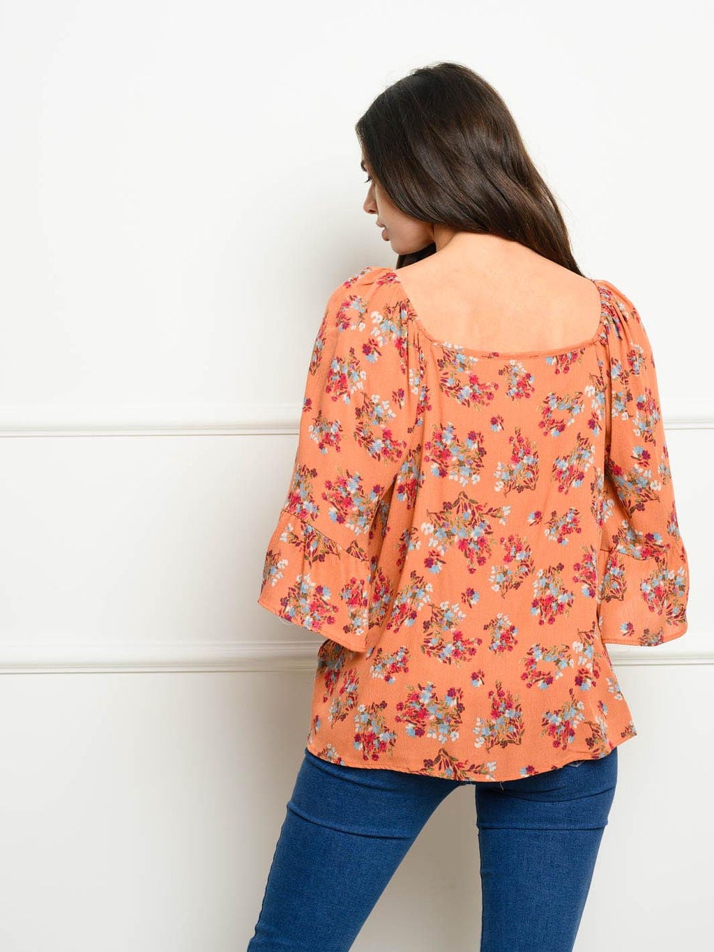 WOMEN'S 3/4 BELL SLEEVES FLORAL TUNIC TOP
