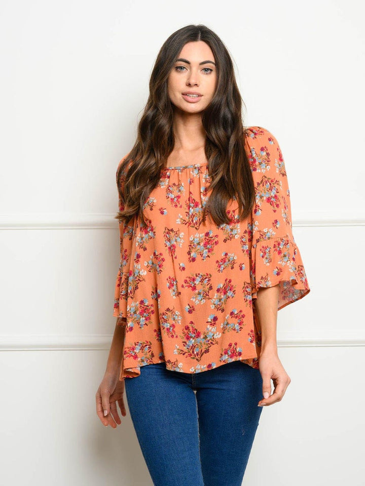 WOMEN'S 3/4 BELL SLEEVES FLORAL TUNIC TOP