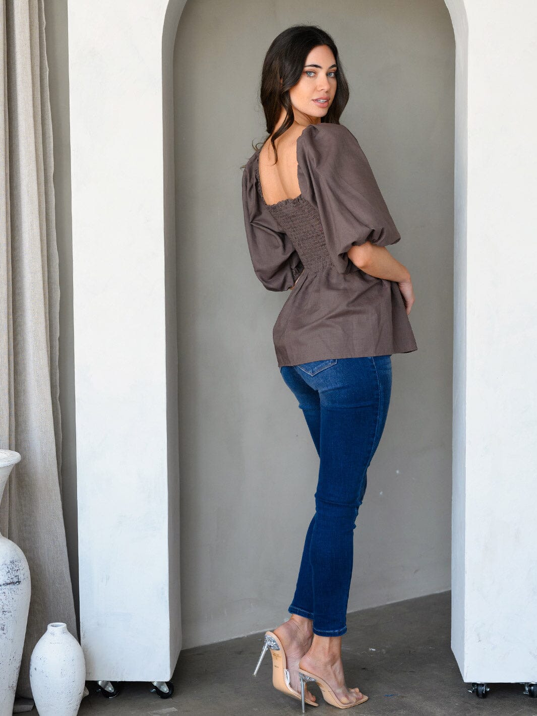 WOMEN'S 3/4 PUFF SLEEVE SMOCK PEPLUM TUNIC TOP
