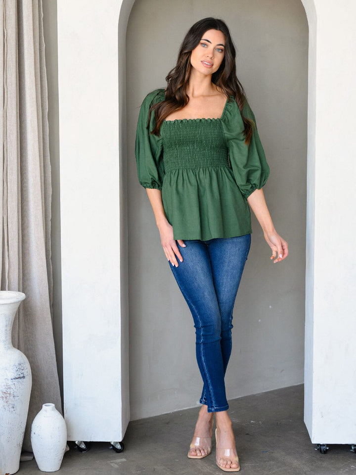WOMEN'S 3/4 PUFF SLEEVE SMOCK PEPLUM TUNIC TOP