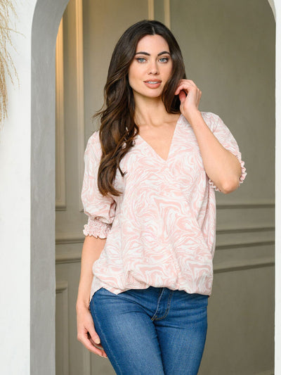WOMEN'S SHORT SMOCK SLEEVE SURPLICE PRINT TOP