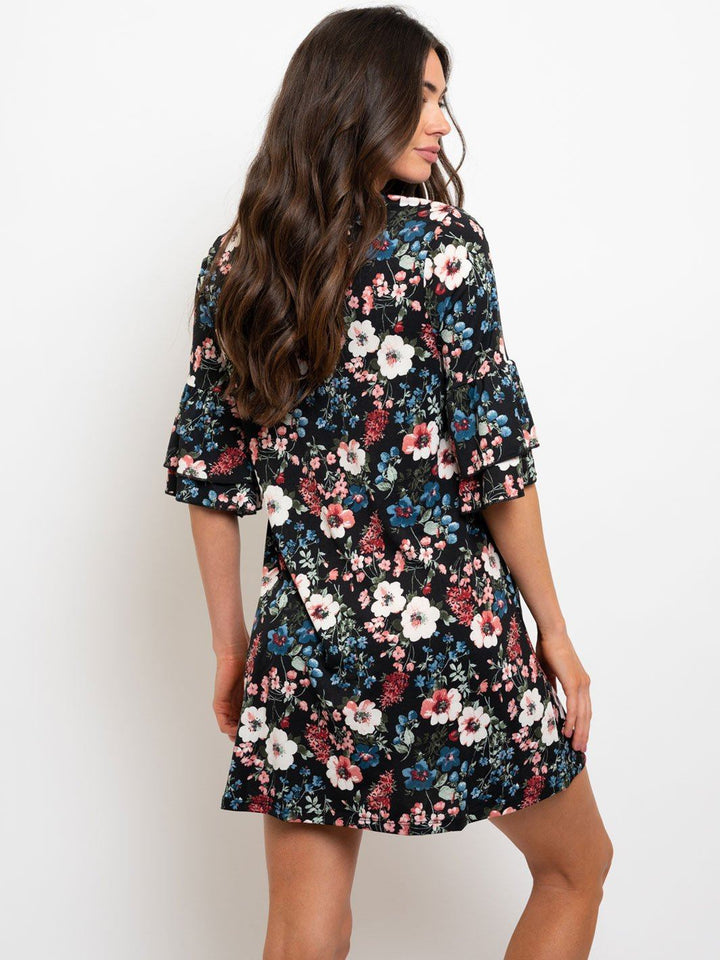 WOMEN'S BLACK FLORAL RUFFLE SLEEVES MINI DRESS
