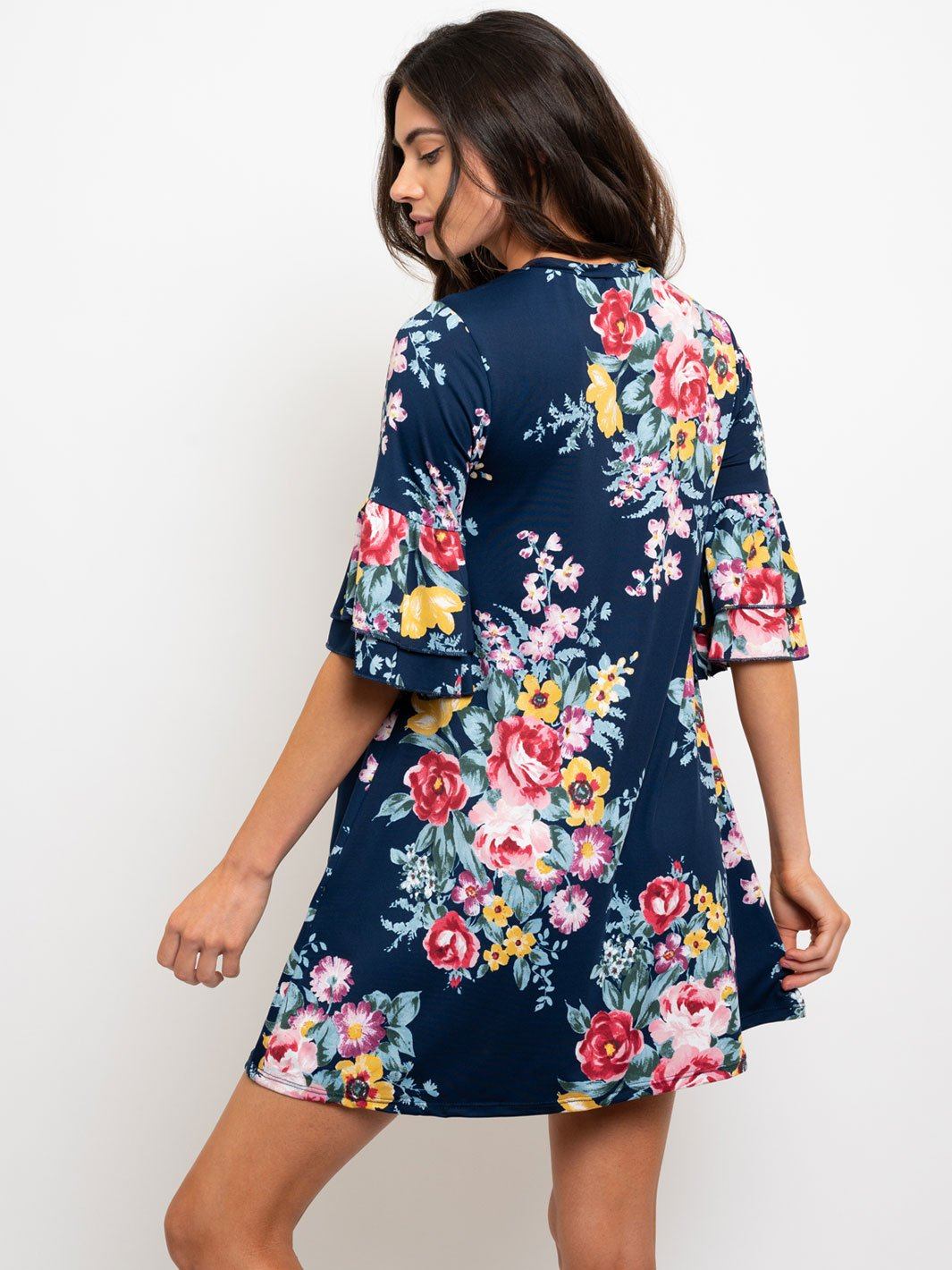WOMEN'S NAVY FLORAL RUFFLE SLEEVES MINI DRESS