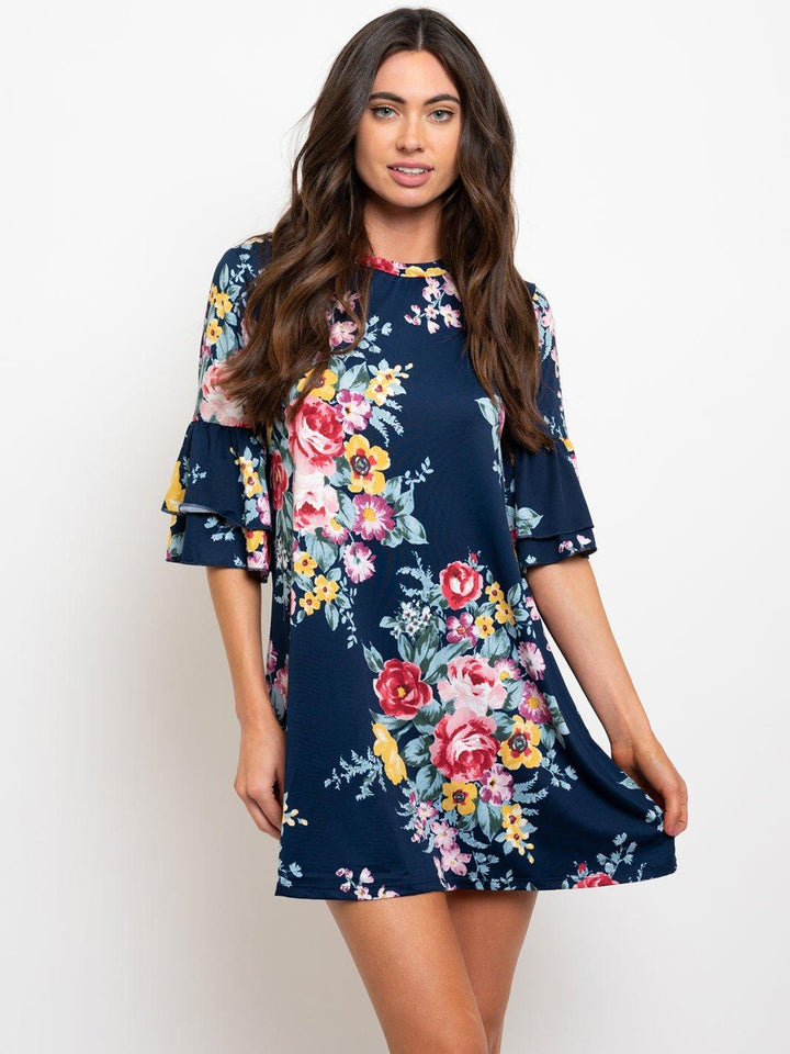 WOMEN'S NAVY FLORAL RUFFLE SLEEVES MINI DRESS