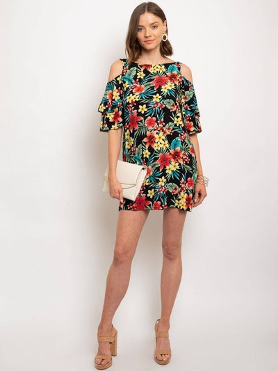 WOMEN'S BLACK COLD SHOULDER TIERED BELL SLEEVES DRESS