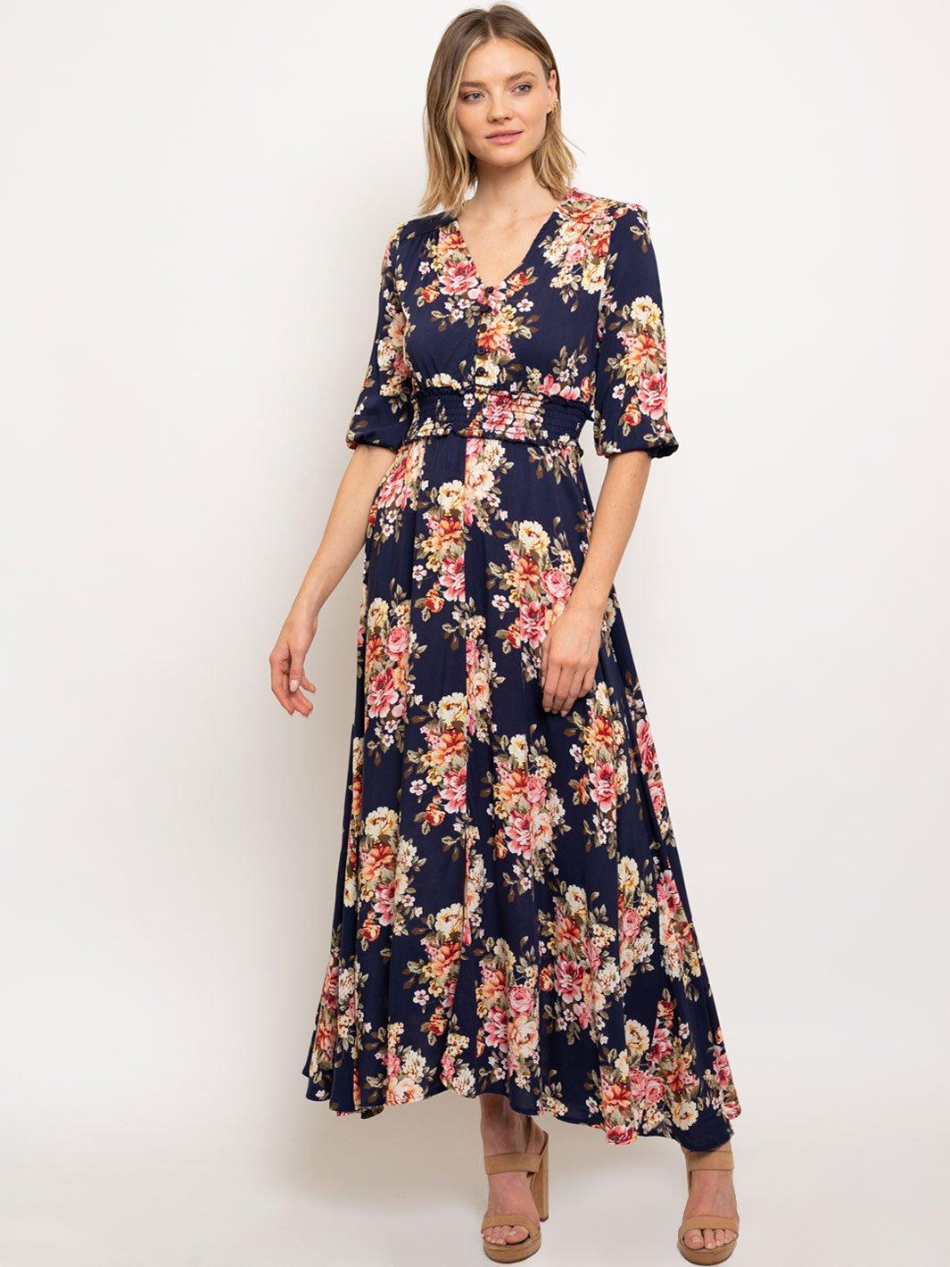 WOMEN'S FLORAL 3/4 SLEEVES SMOCK WAIST MAXI DRESS