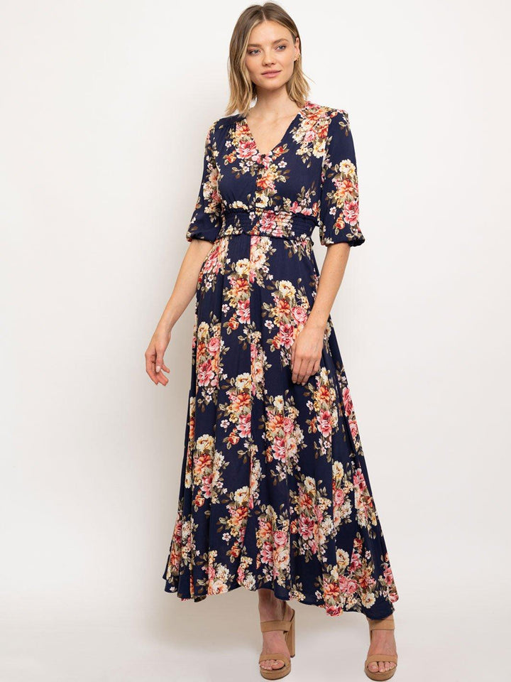 WOMEN'S FLORAL 3/4 SLEEVES SMOCK WAIST MAXI DRESS