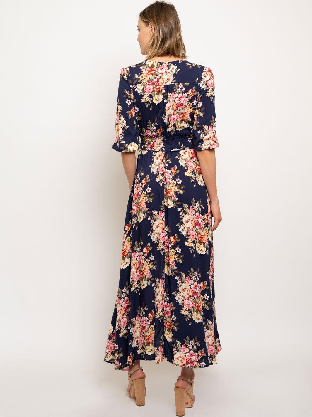 WOMEN'S FLORAL 3/4 SLEEVES SMOCK WAIST MAXI DRESS