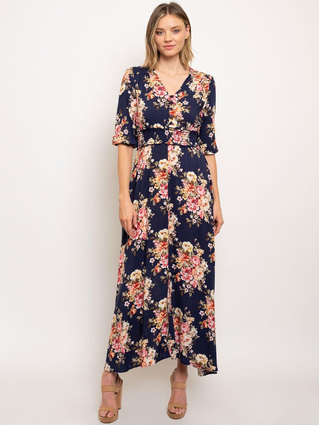 WOMEN'S FLORAL 3/4 SLEEVES SMOCK WAIST MAXI DRESS