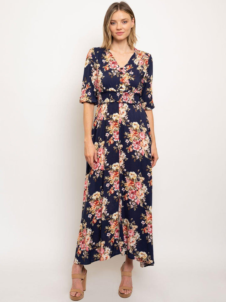 WOMEN'S FLORAL 3/4 SLEEVES SMOCK WAIST MAXI DRESS