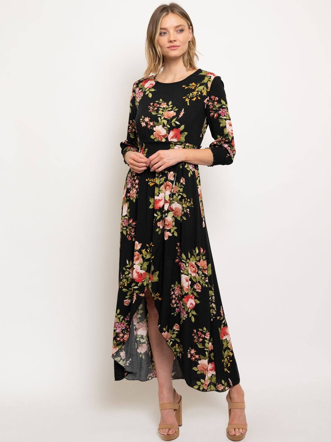 WOMEN'S SMOCK WAIST 3/4 SLEEVES MAXI DRESS