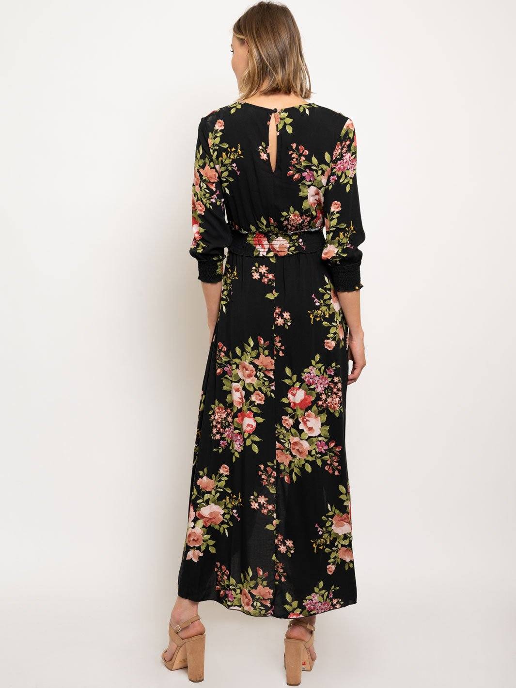 WOMEN'S SMOCK WAIST 3/4 SLEEVES MAXI DRESS