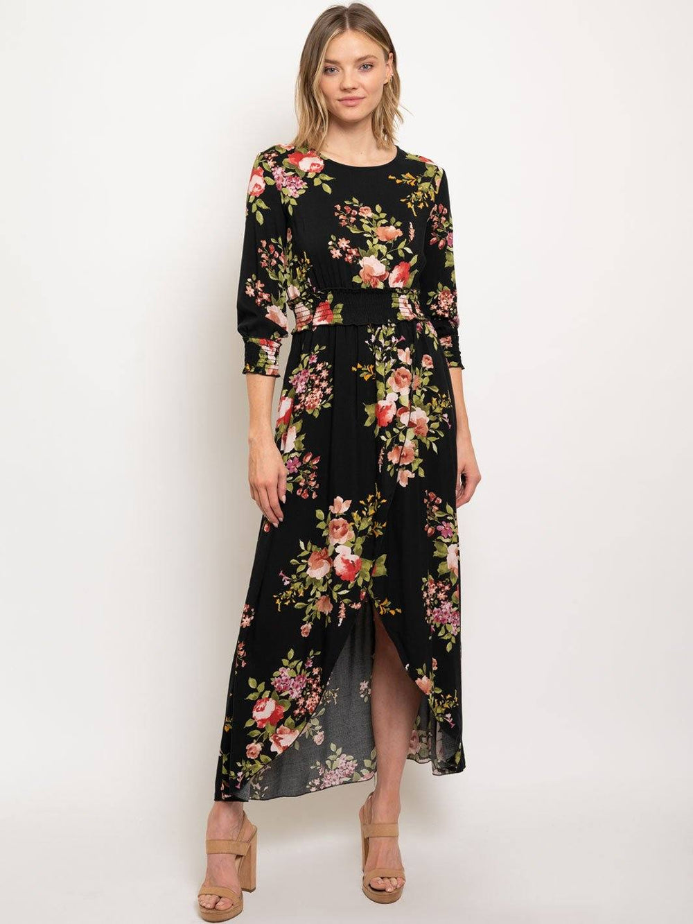 WOMEN'S SMOCK WAIST 3/4 SLEEVES MAXI DRESS