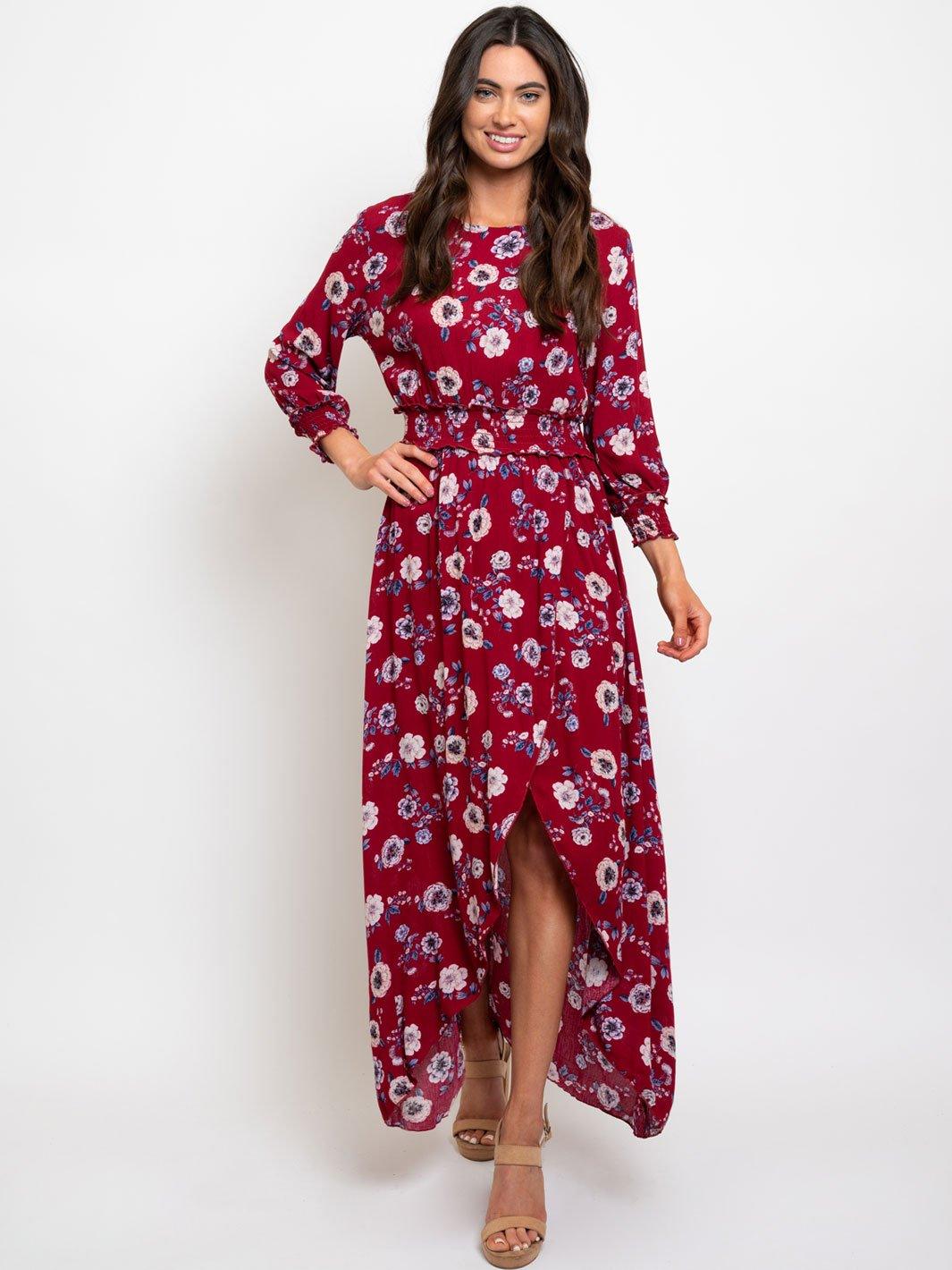 WOMEN'S BURGUNDY FLORAL MAXI DRESS