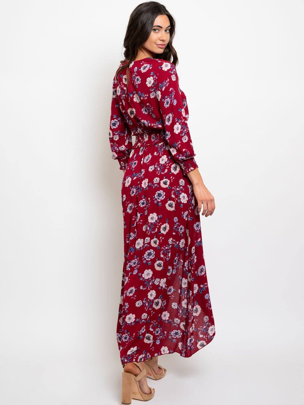 WOMEN'S BURGUNDY FLORAL MAXI DRESS