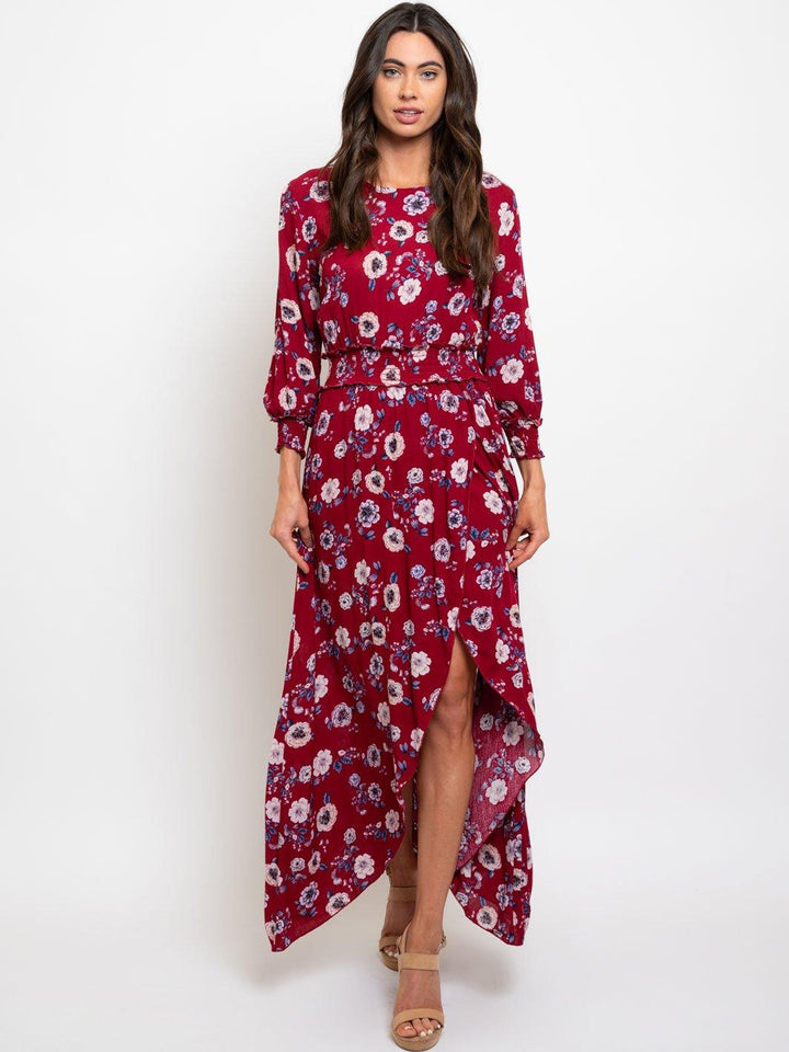 WOMEN'S BURGUNDY FLORAL MAXI DRESS
