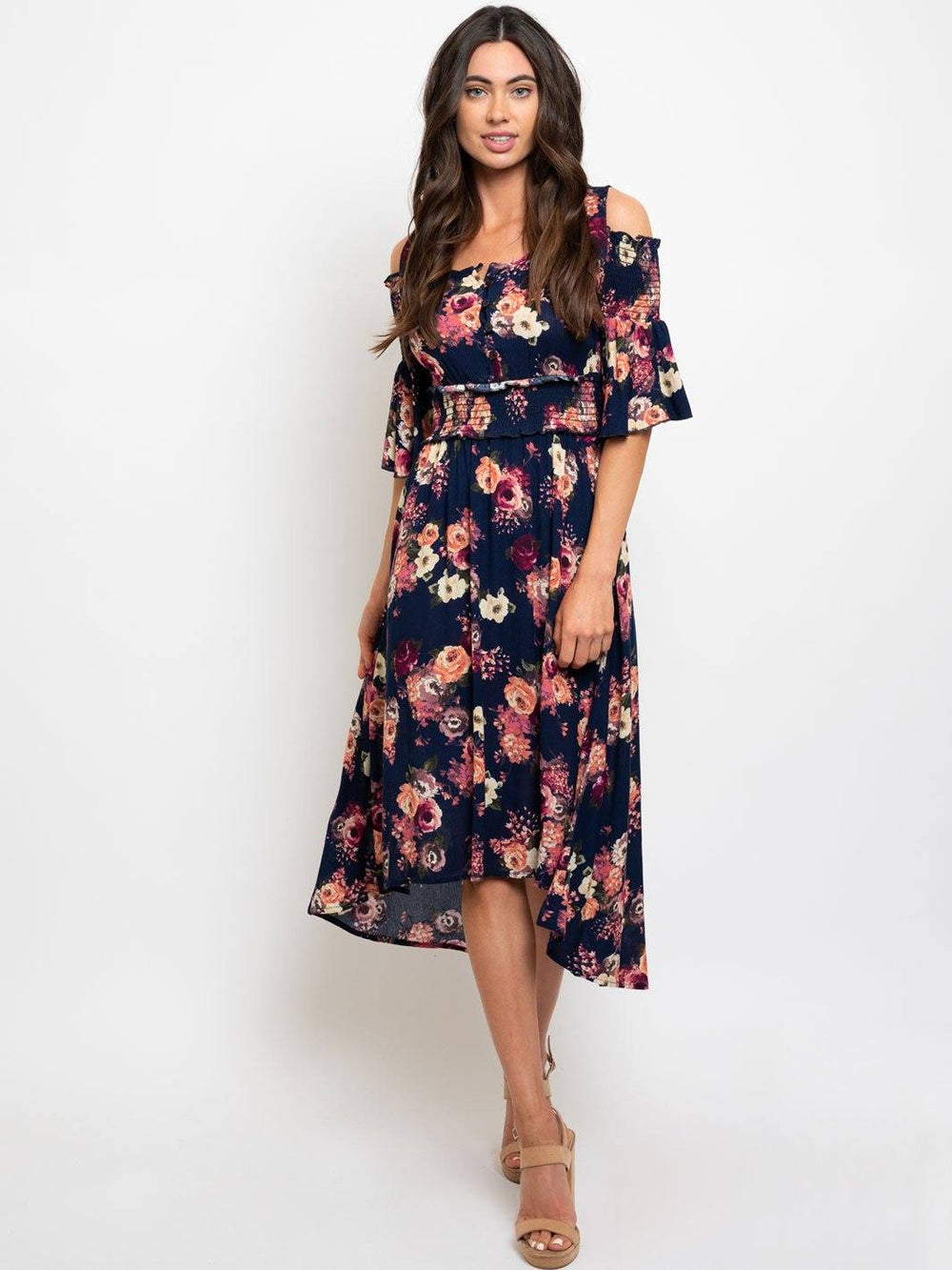 WOMEN'S SMOCK WAIST FLORAL MIDI DRESS