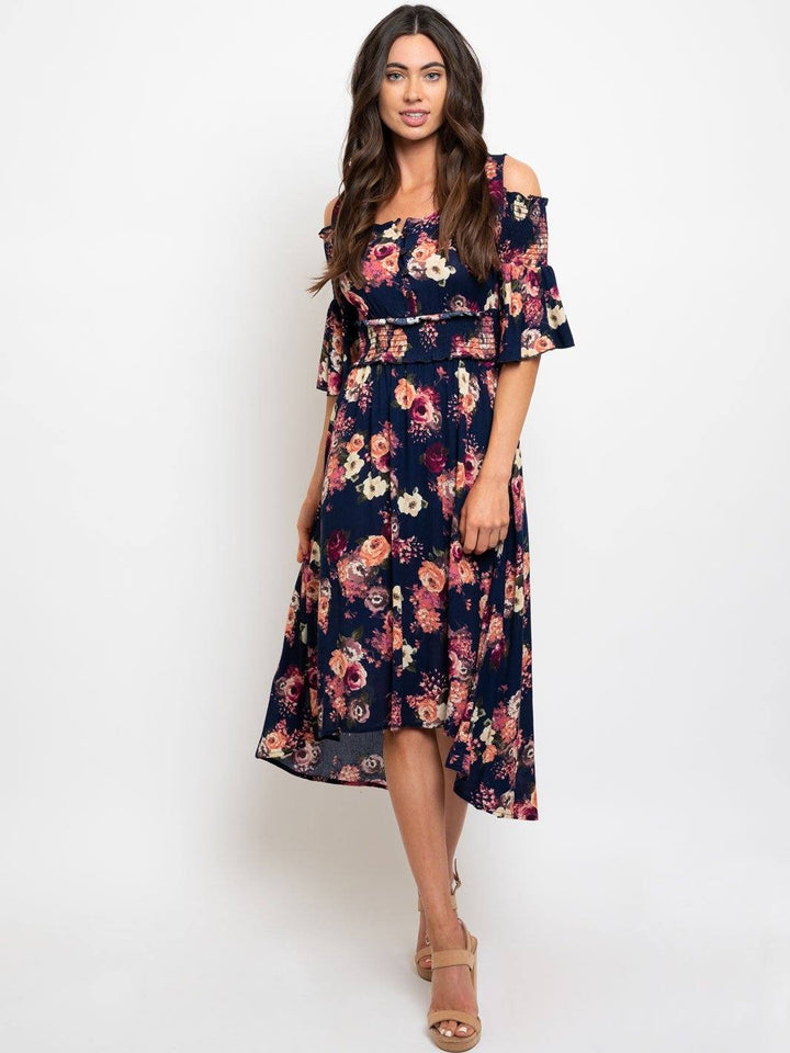 WOMEN'S SMOCK WAIST FLORAL MIDI DRESS