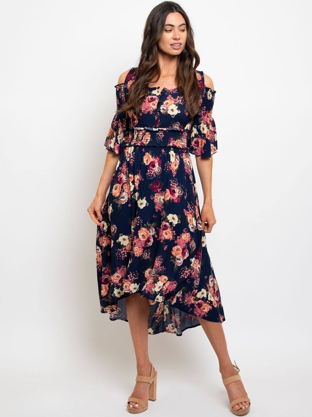 WOMEN'S SMOCK WAIST FLORAL MIDI DRESS