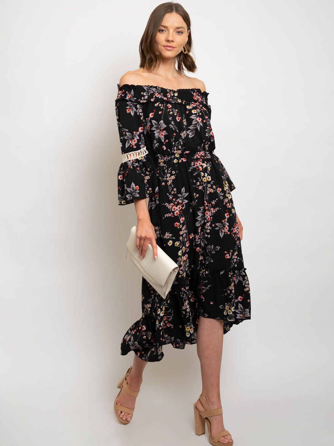 WOMEN'S BLACK FLORAL BELL SLEEVES DRESS