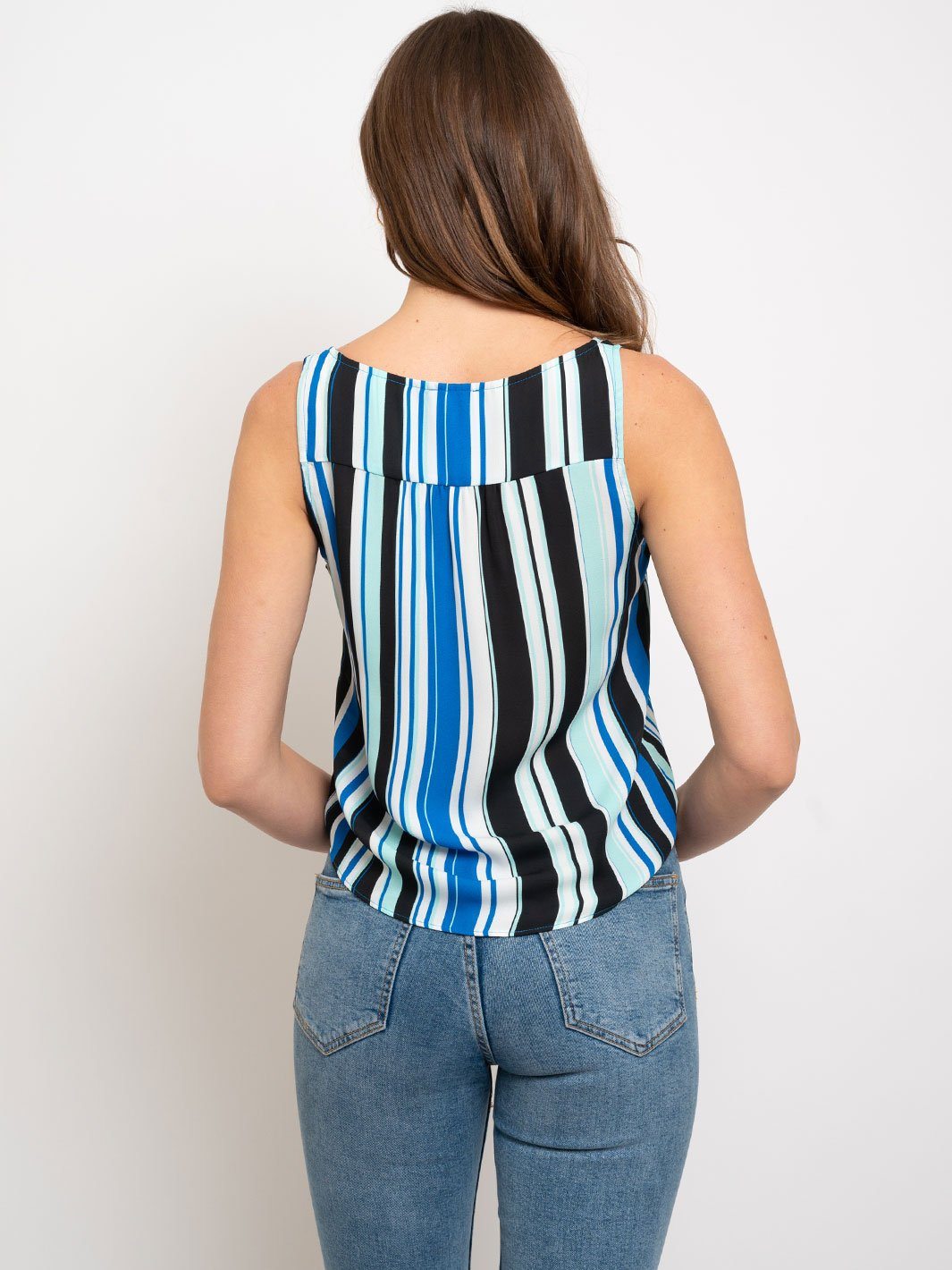 WOMEN'S STRIPED PRINT FRONT SELF TIE TOP