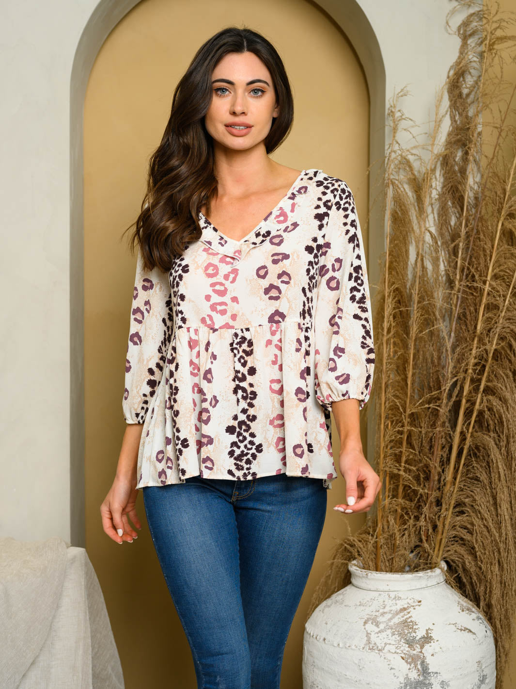 WOMEN'S 3/4 SLEEVE ANIMAL PRINT TOP