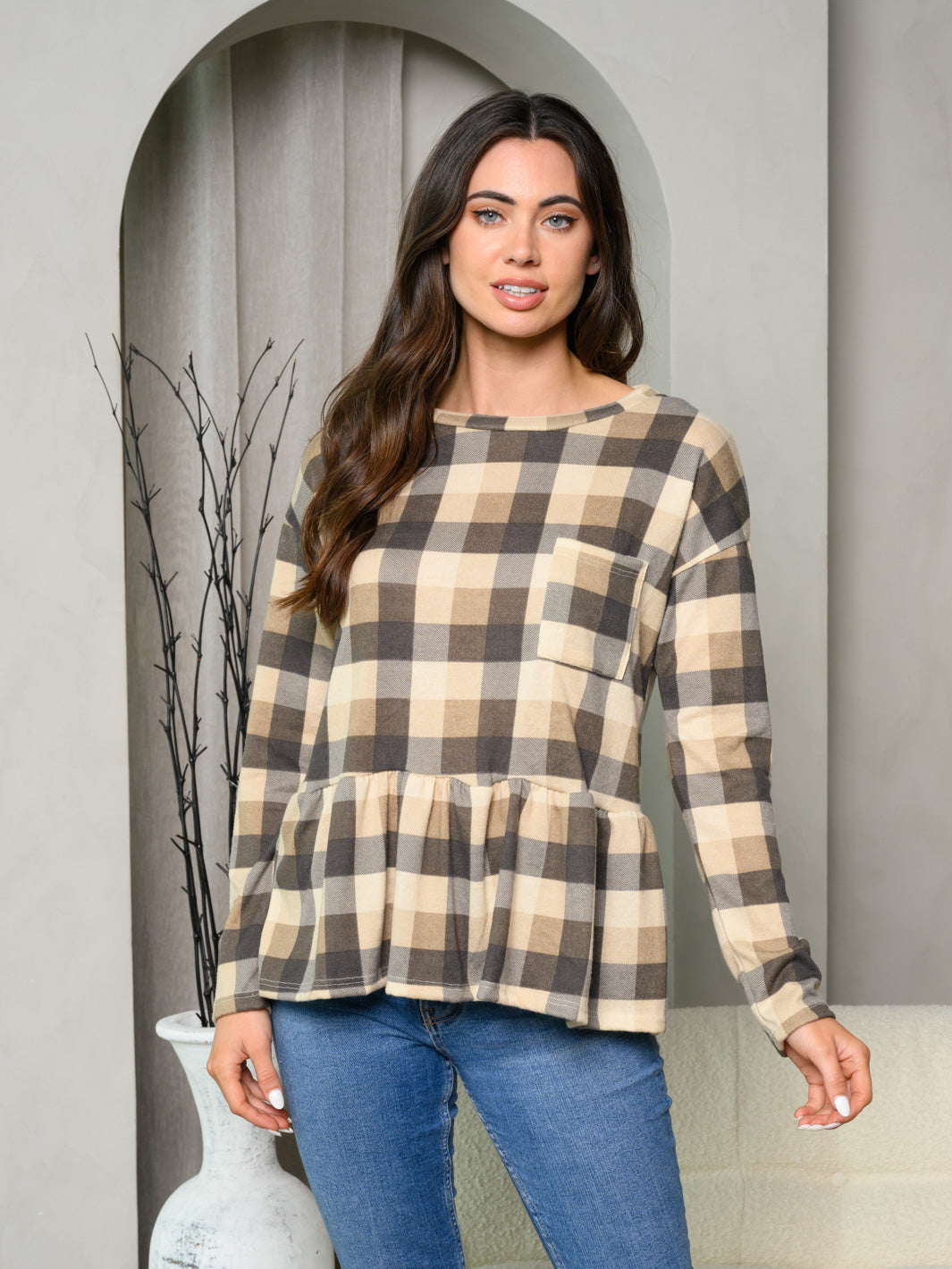 WOMEN'S LONG SLEEVE FRONT POCKET PLAID PEPLUM TOP