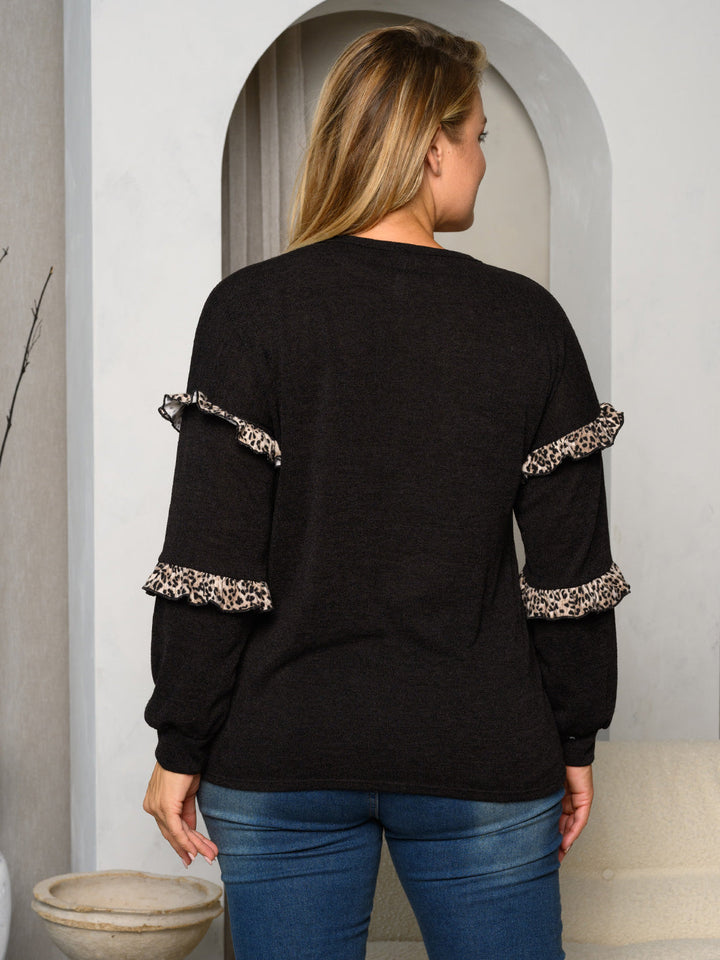 PLUS SIZE LONG RUFFLE SLEEVE ANIMAL PRINT DETAILED TOP