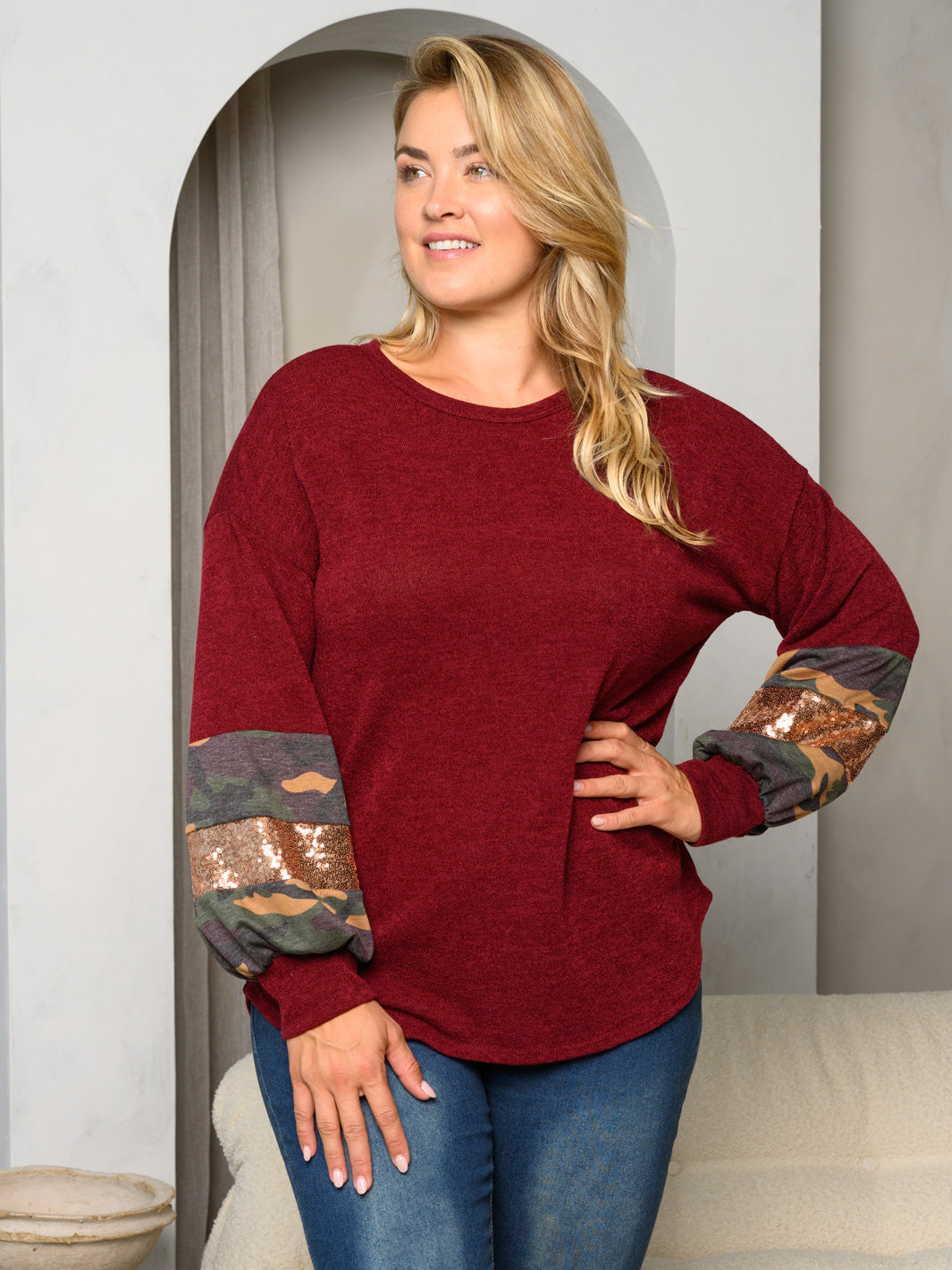 PLUS SIZE LONG PUFF SLEEVE CAMO SEQUINS DETAILED TOP