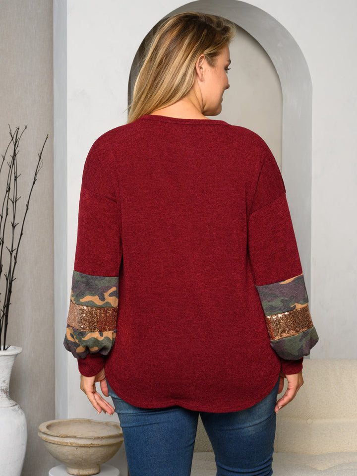 PLUS SIZE LONG PUFF SLEEVE CAMO SEQUINS DETAILED TOP
