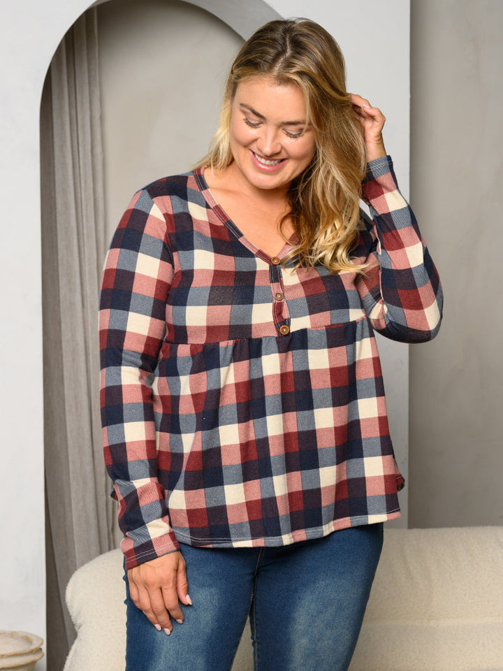 PLUS SIZE LONG SLEEVE V-NECK PLAID PRINT TOP