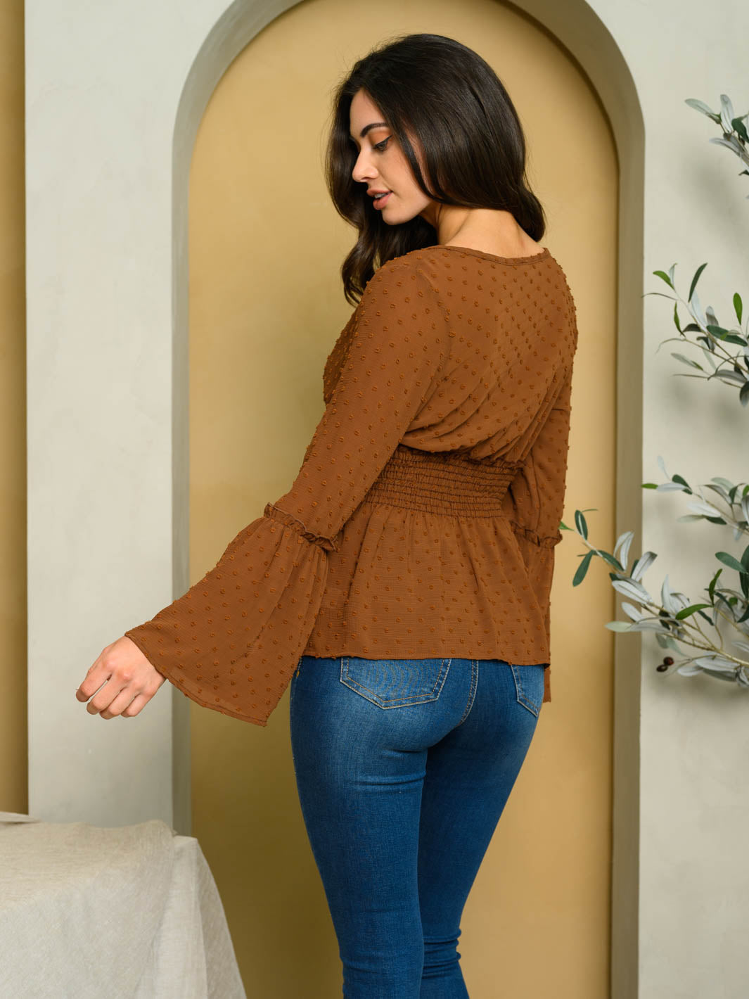 WOMEN'S LONG SLEEVE V-NECK SWISS DOT TOP