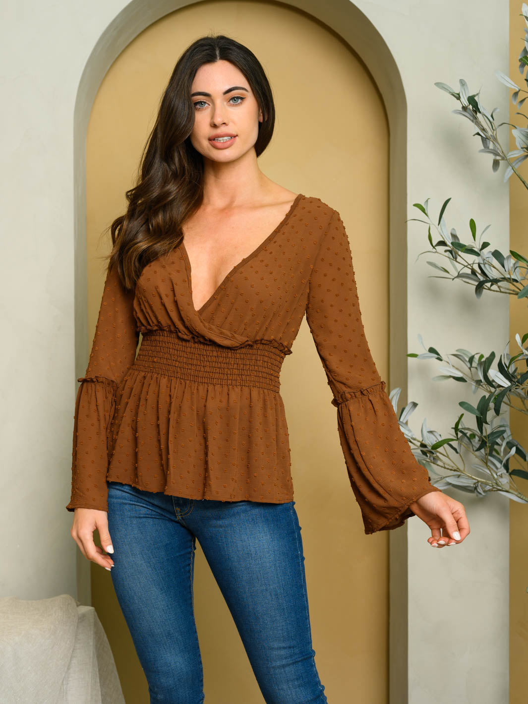 WOMEN'S LONG SLEEVE V-NECK SWISS DOT TOP