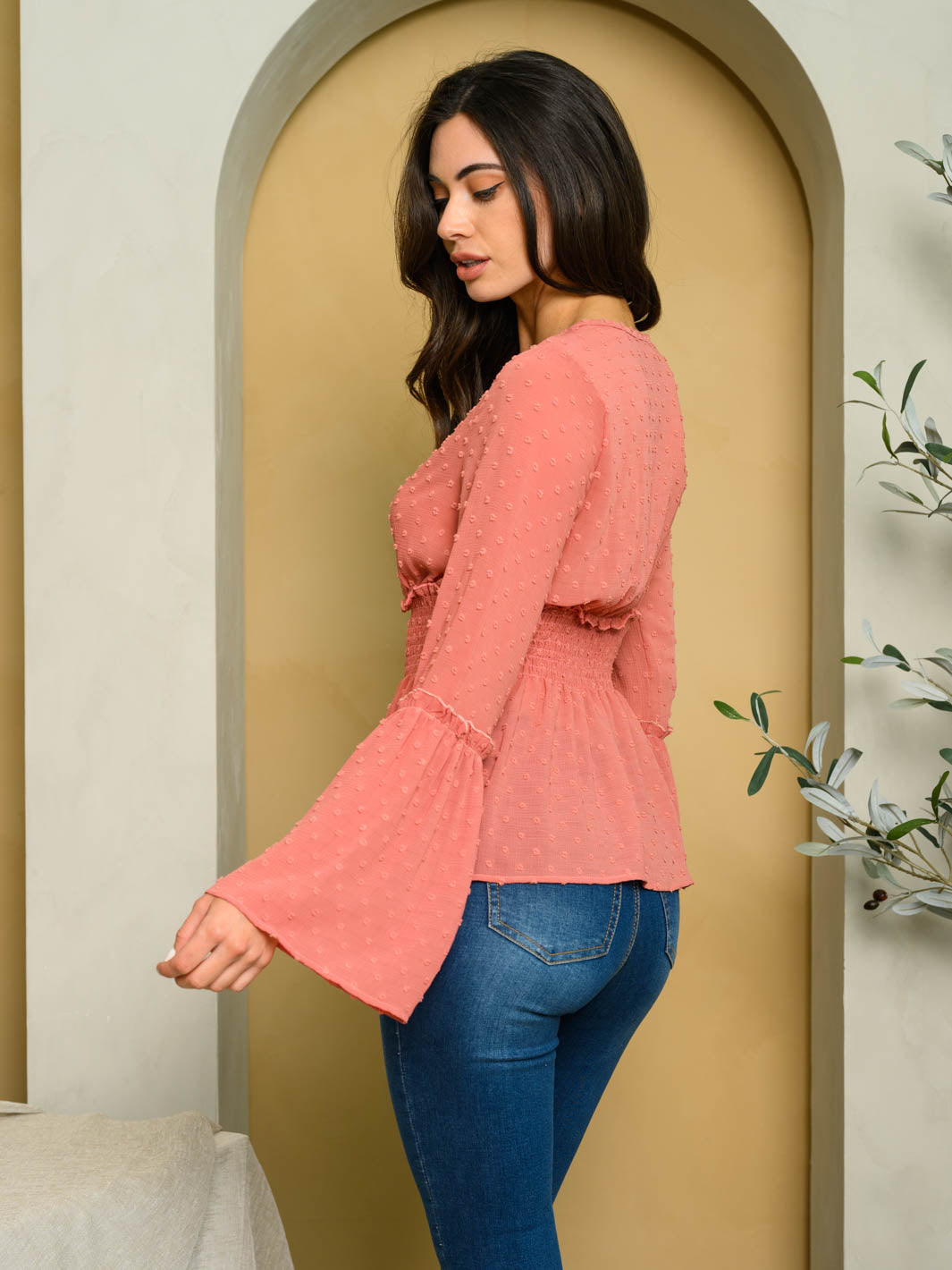 WOMEN'S LONG SLEEVE V-NECK SWISS DOT TOP