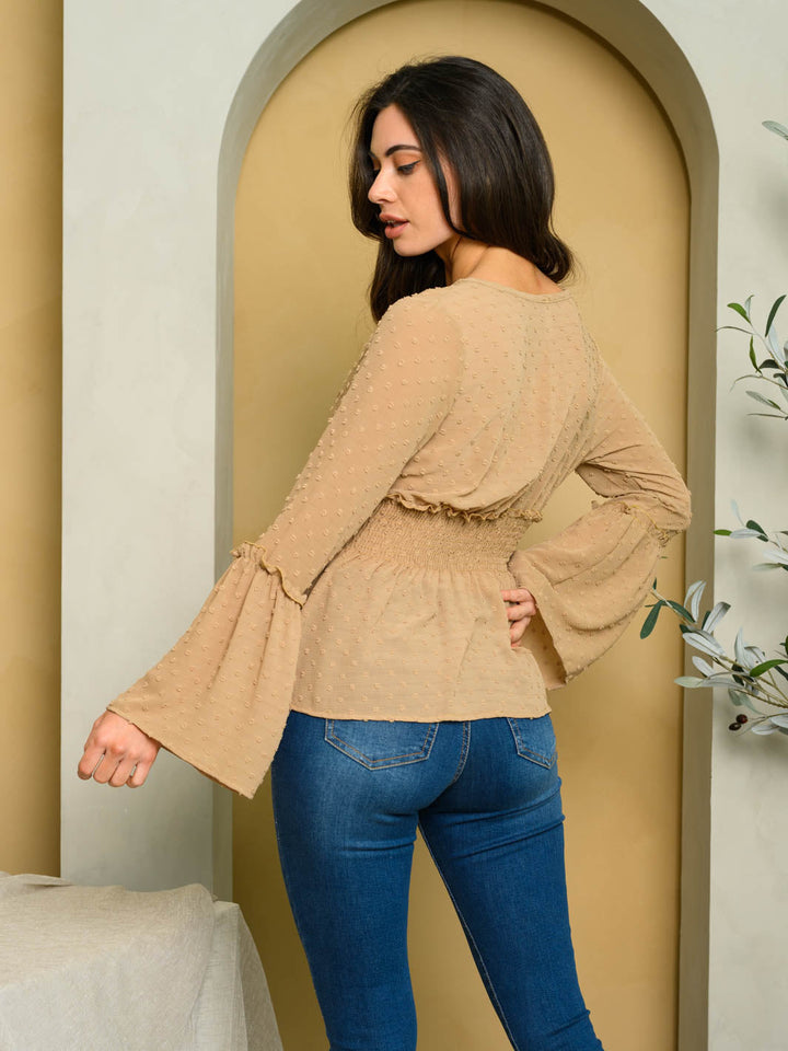 WOMEN'S LONG SLEEVE V-NECK SWISS DOT TOP