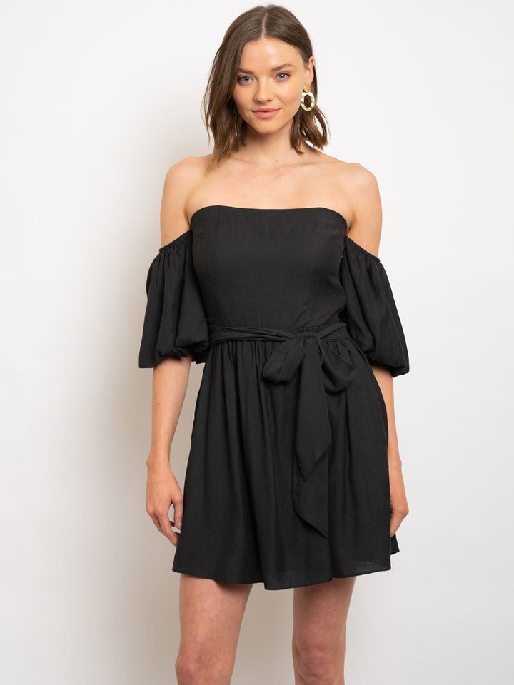 WOMEN'S BLACK OFF SHOULDER TIE WAIST PUFF SLEEVE DRESS