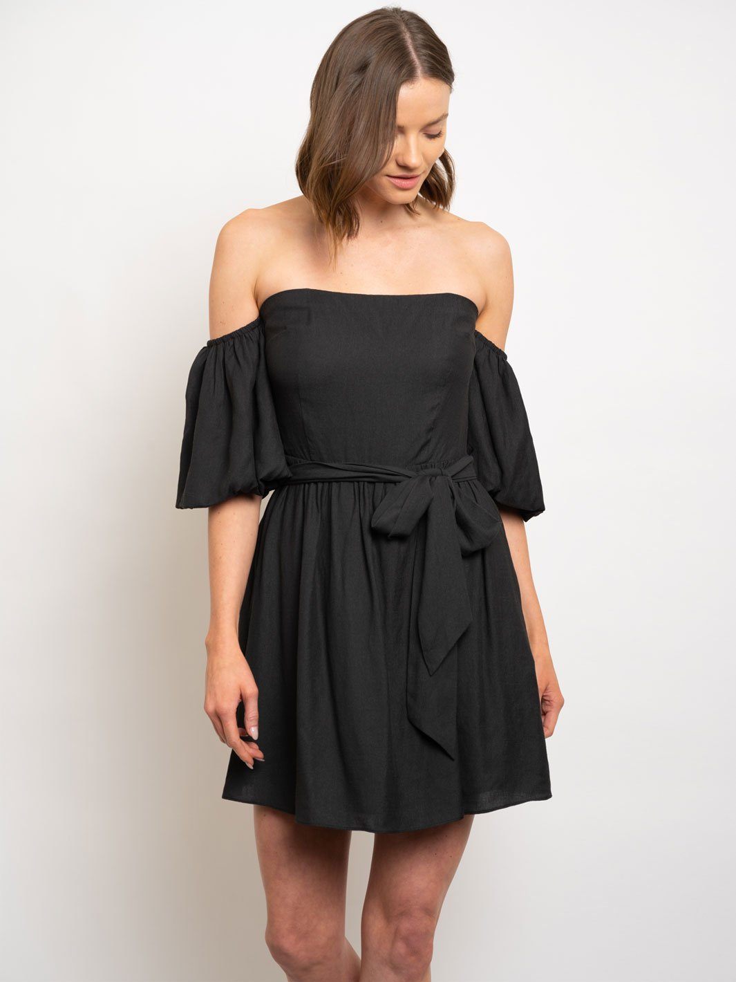 WOMEN'S BLACK OFF SHOULDER TIE WAIST PUFF SLEEVE DRESS