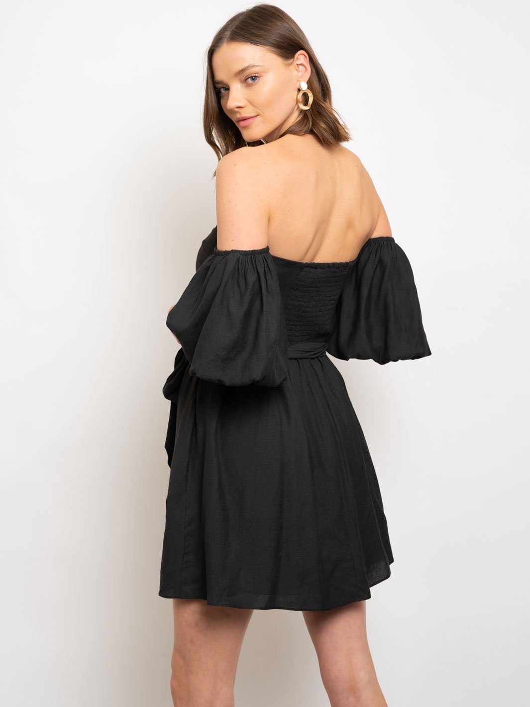WOMEN'S BLACK OFF SHOULDER TIE WAIST PUFF SLEEVE DRESS