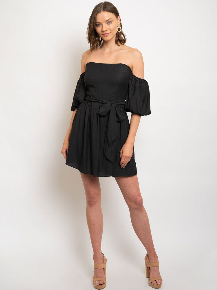 WOMEN'S BLACK OFF SHOULDER TIE WAIST PUFF SLEEVE DRESS